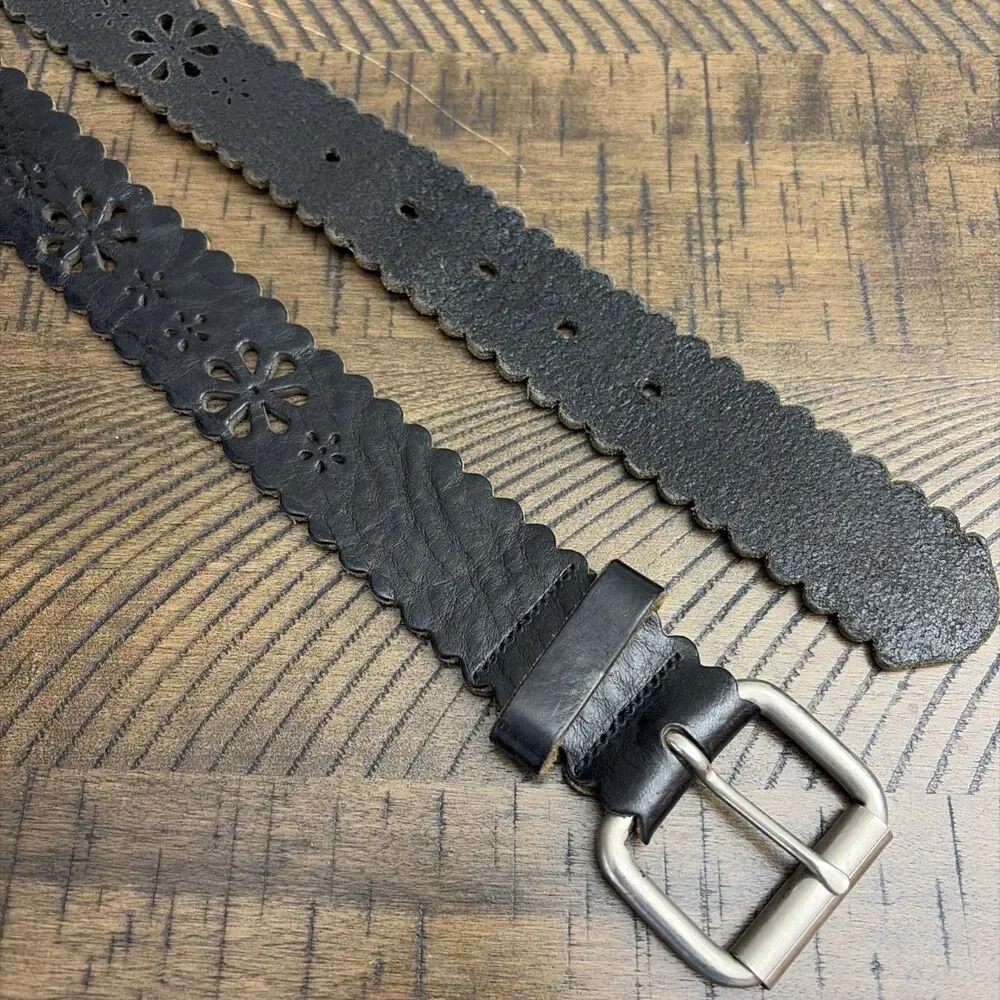 Black Genuine Leather Belt Scalloped Edge Perforated Flower Cut Women Size L
